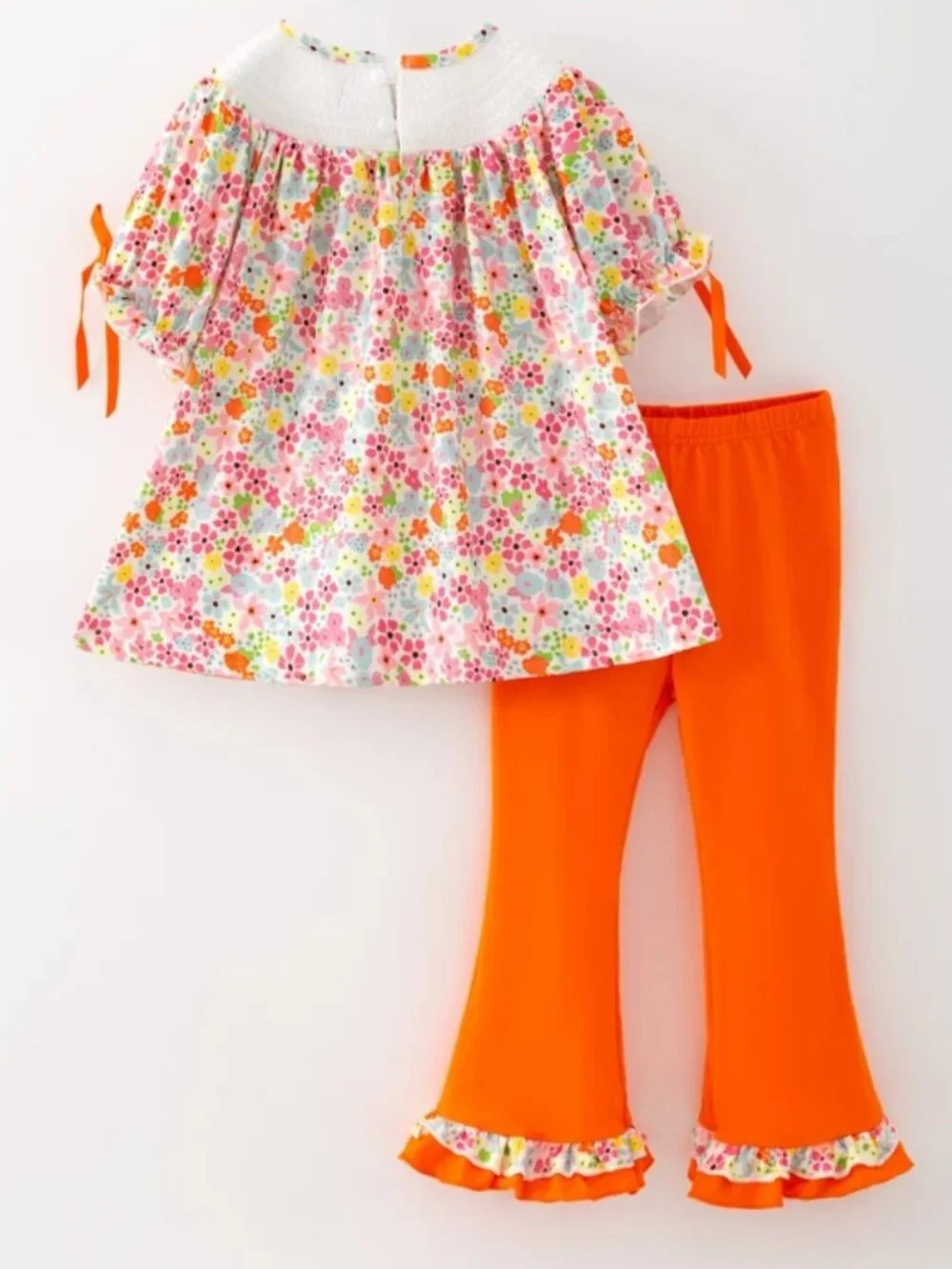 Boutique Smocked Floral Pumpkin Short Sleeve Tunic & Leggings Girls Outfit Set